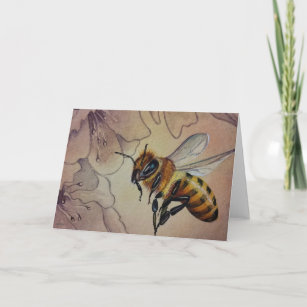 Vintage Bee No. 6 and Flower Watercolor Art Card