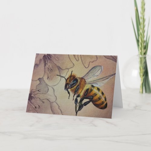 Vintage Bee No 6 and Flower Watercolor Art Card