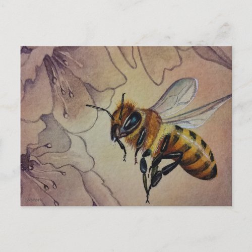 Vintage Bee No 6 and Flower Watercolor Art Postcard