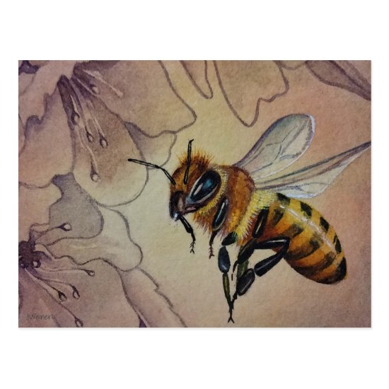Vintage Bee No. 6 and Flower Watercolor Art Postcard