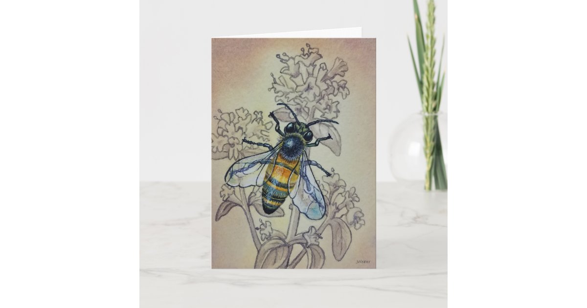 Vintage Bee No. 7 and Wildflowers Watercolor Art Card | Zazzle