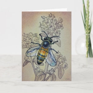 Vintage Bee No. 7 and Wildflowers Watercolor Art Card