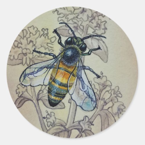 Vintage Bee No 7 and Wildflowers Watercolor Art Classic Round Sticker