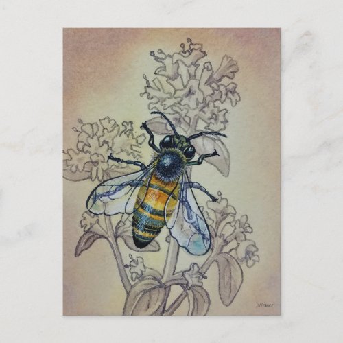 Vintage Bee No 7 and Wildflowers Watercolor Art Postcard