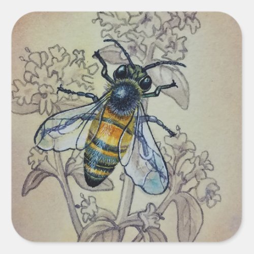 Vintage Bee No 7 Wildflowers Watercolor Art Square Sticker