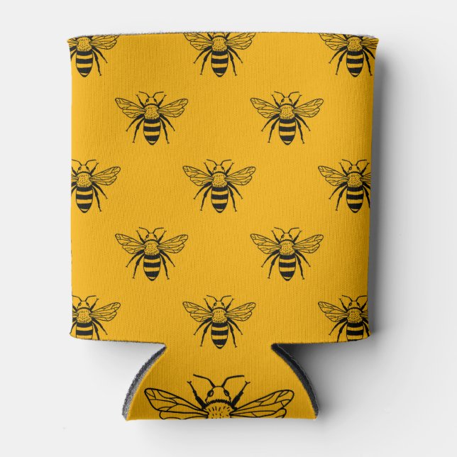 Vintage Bee Pattern, Black Yellow. Can Cooler (Front)