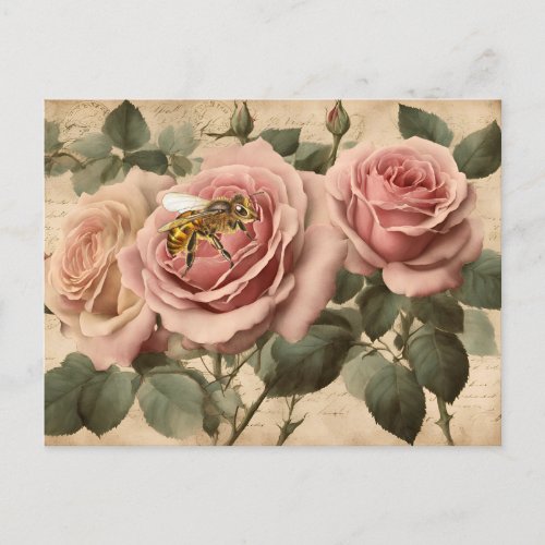 Vintage  Bee  Pink Roses Decoupage  Postcard