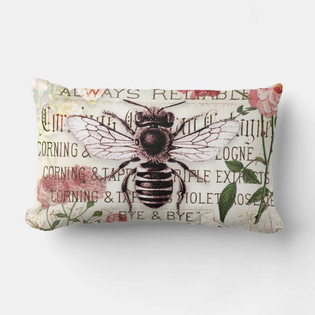 Vintage Bee Rose Bouquet Ephemera Decoupage Lumbar Pillow (Front)