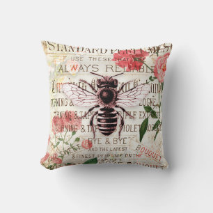 Vintage Bee Rose Bouquet Ephemera Decoupage Throw Pillow