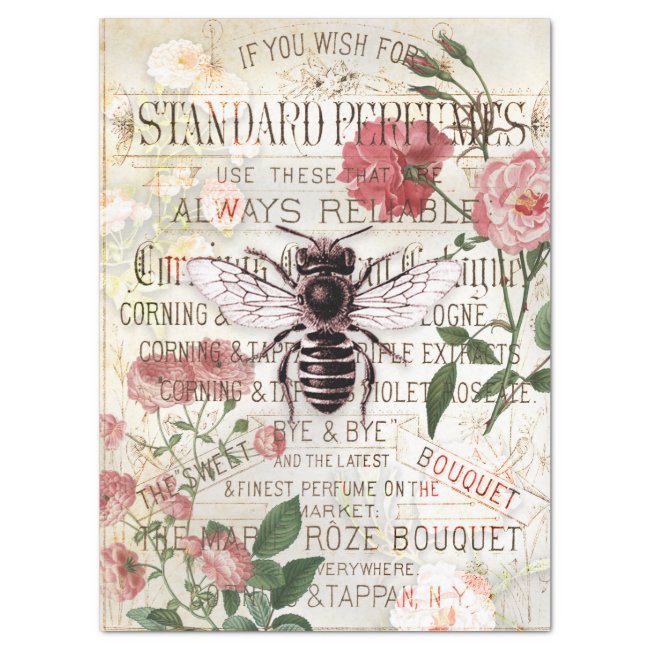 Vintage Bee Rose Bouquet Ephemera Decoupage Tissue Paper