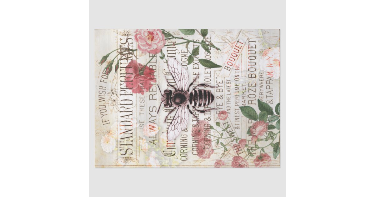 Vintage Bee Rose Bouquet Ephemera Decoupage Tissue Paper | Zazzle