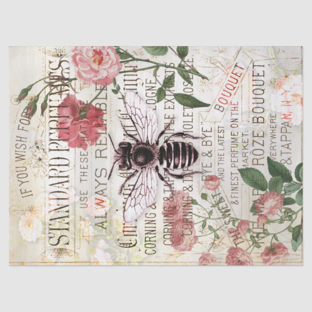 Vintage Bee Rose Bouquet Ephemera Decoupage Tissue Paper | Zazzle