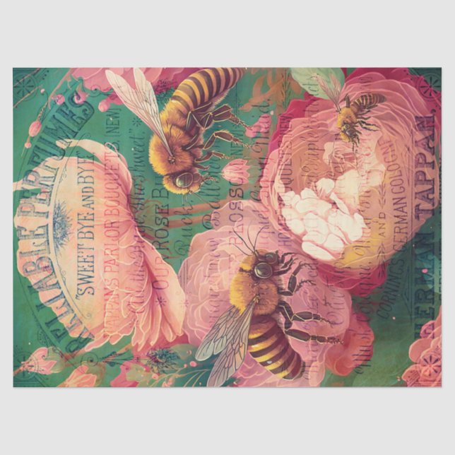 Vintage Bee Rose Bouquet Ephemera Decoupage Tissue Paper (Front)