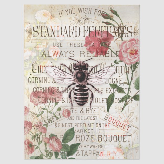 Vintage Bee Rose Bouquet Ephemera Decoupage Tissue Paper (Front)
