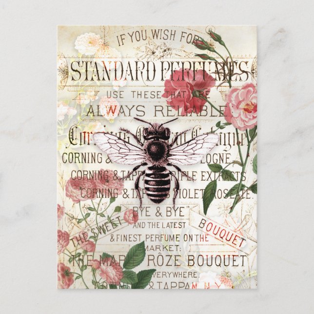 Vintage Bee Rose Bouquet Ephemera Postcard (Front)