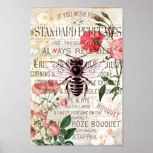 Vintage Bee Rose Bouquet Ephemera Poster