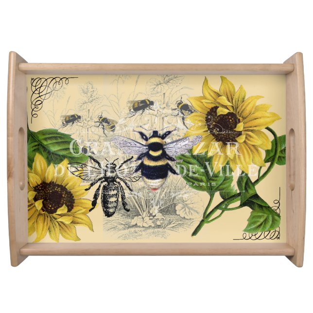 Vintage Bee Sunflower Cream Nature Serving Tray (Front)