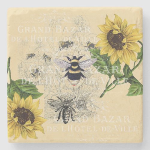 Vintage Bee Sunflower Cream Nature Stone Coaster