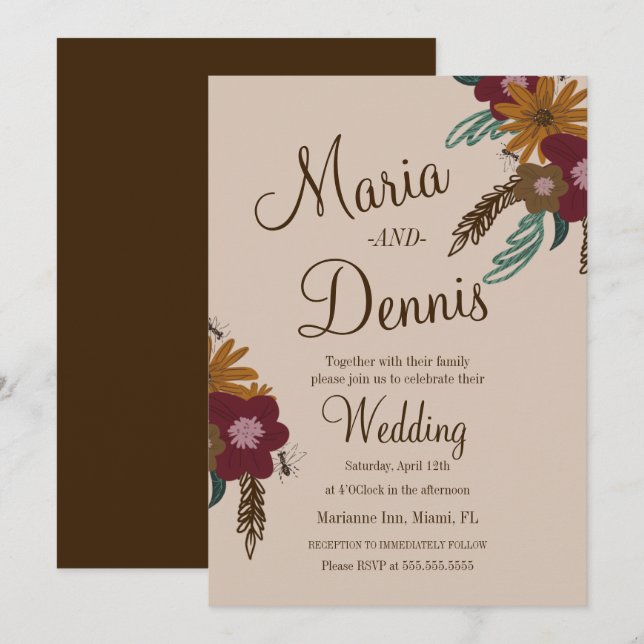 Vintage Bee Sunflower Floral Botanical Wedding Invitation (Front/Back)