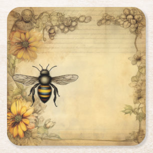 Vintage Bee & Wildflower Ephemera Square Paper Coaster