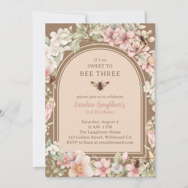 Vintage Bee Wildflower Third Birthday Invitation (Front)