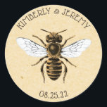 Vintage Bee with Text Classic Round Sticker<br><div class="desc">Vintage honeybee on golden paper. Personalize this design by changing the text.</div>