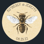 Vintage Bee with Text Classic Round Sticker<br><div class="desc">Vintage honeybee on golden paper. Personalize this design by changing the text.</div>