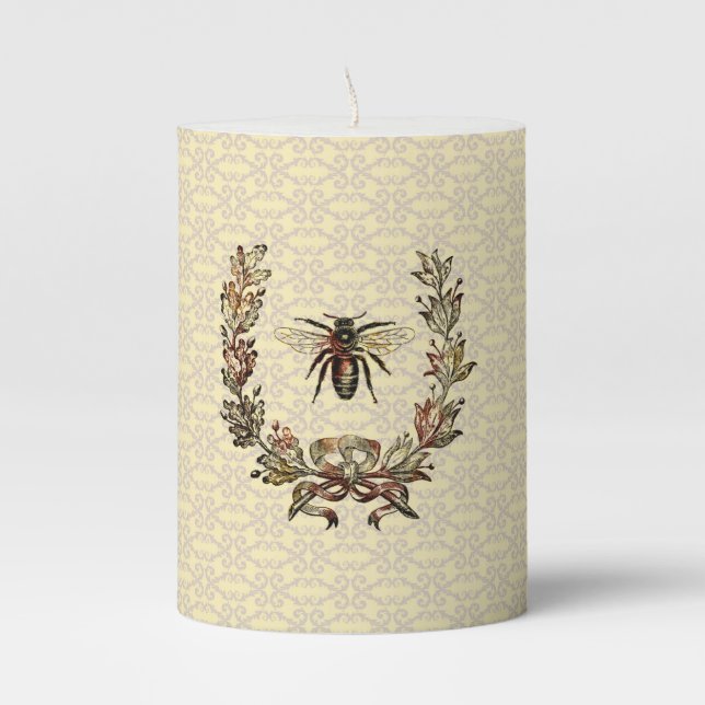 Vintage Bee Wreath Pillar Candle (Front)