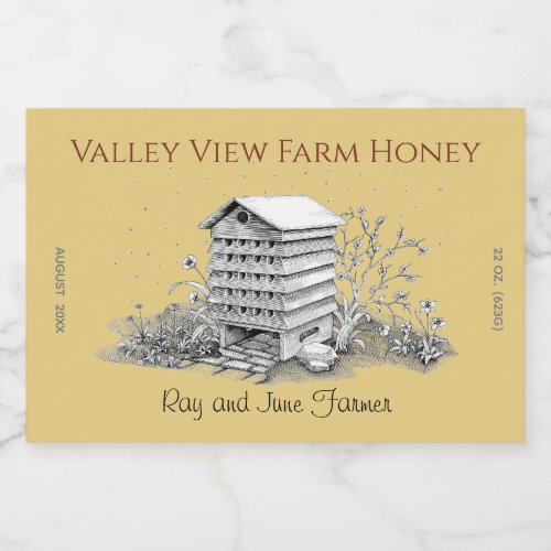 Vintage Beehive and Bees Illustrated Satin Gold Food Label