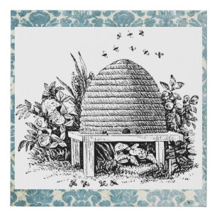 Vintage Beehive and Blue Damask Faux Canvas Print