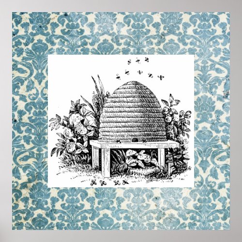 vintage Beehive and Blue Damask Poster