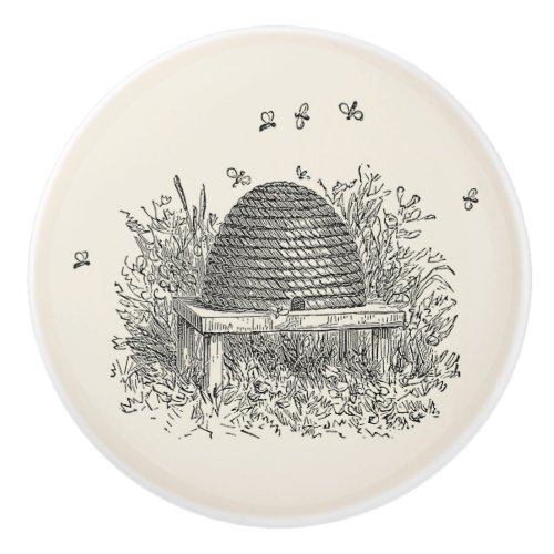 Vintage Beehive Skep with Honey Bees Ceramic Knob