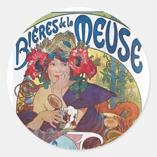 Vintage Beer Art Nouveau Alphonse Mucha Classic Round Sticker