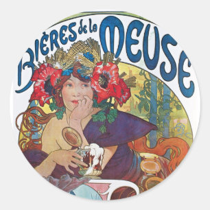 Vintage Beer Art Nouveau Alphonse Mucha Classic Round Sticker