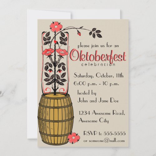 Vintage Beer Barrel and Flowers Oktoberfest Invitation