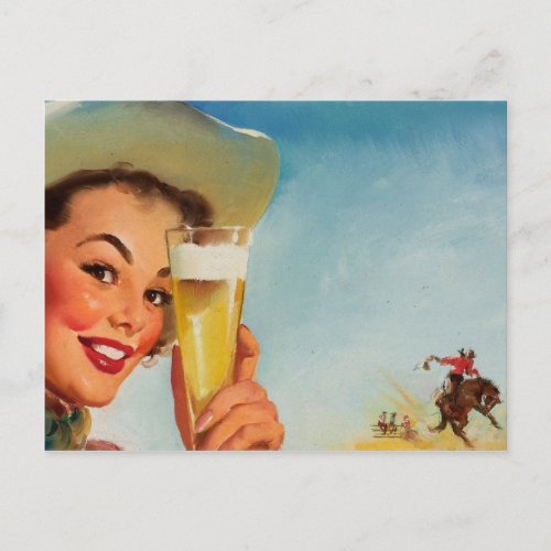 Vintage Beer Western Pin up Girl Postcard