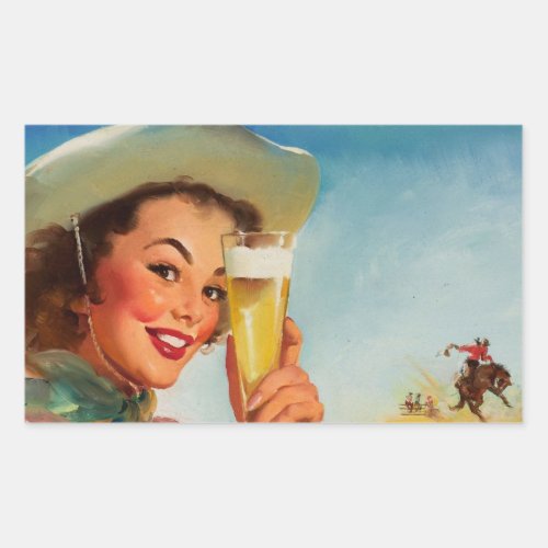 Vintage Beer Western Pin up Girl Rectangular Sticker
