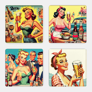 Vintage Beer Woman Illustration Coaster Set