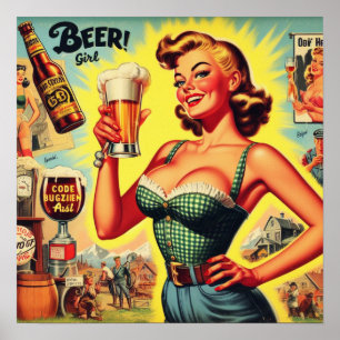 Vintage Beer Woman Illustration Poster