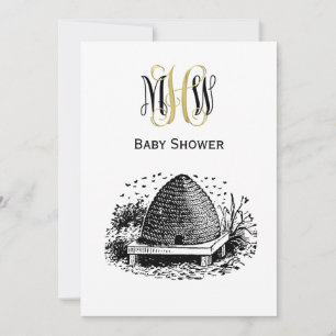 Vintage Bees and Bee Hive #1Vine Monogram Font Invitation