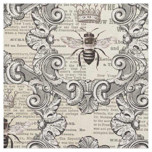 Vintage Bees and Newspaper Print Fabric (Close Up)