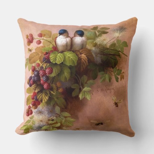 Vintage Bees Birds and Berries Throw Pillow
