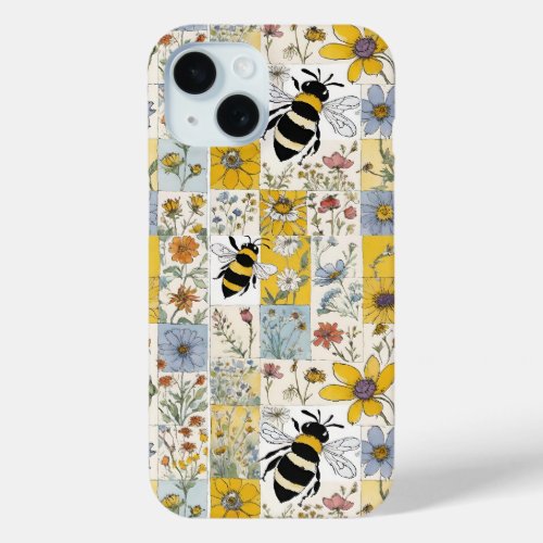 Vintage Bees Floral Patchwork in Blues and Yellows iPhone 15 Case