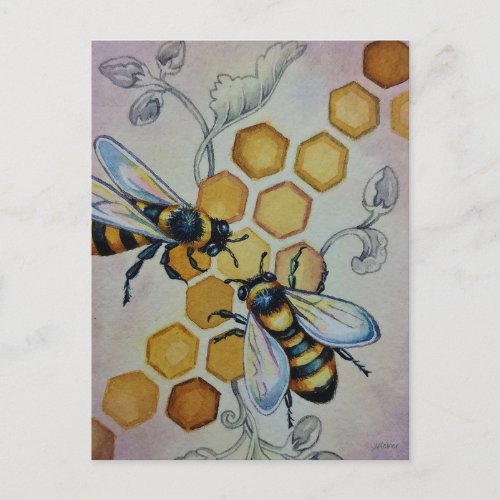 Vintage Bees No 5 Honeycomb Vines Watercolor Art Postcard