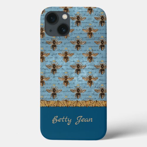 Vintage Bees on Blue Damask with Handwriting  iPhone 13 Case