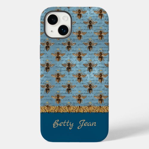 Vintage Bees on Blue Damask with Handwriting Case_Mate iPhone 14 Plus Case