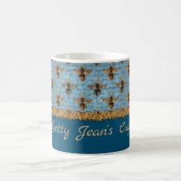 Vintage Bees on Blue Damask with Handwriting Coffee Mug