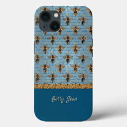 Vintage Bees on Blue Damask with Handwriting iPhone 13 Case