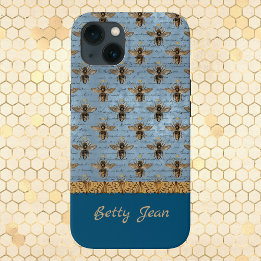 Vintage Bees on Blue Damask with Handwriting iPhone 14 Plus Case