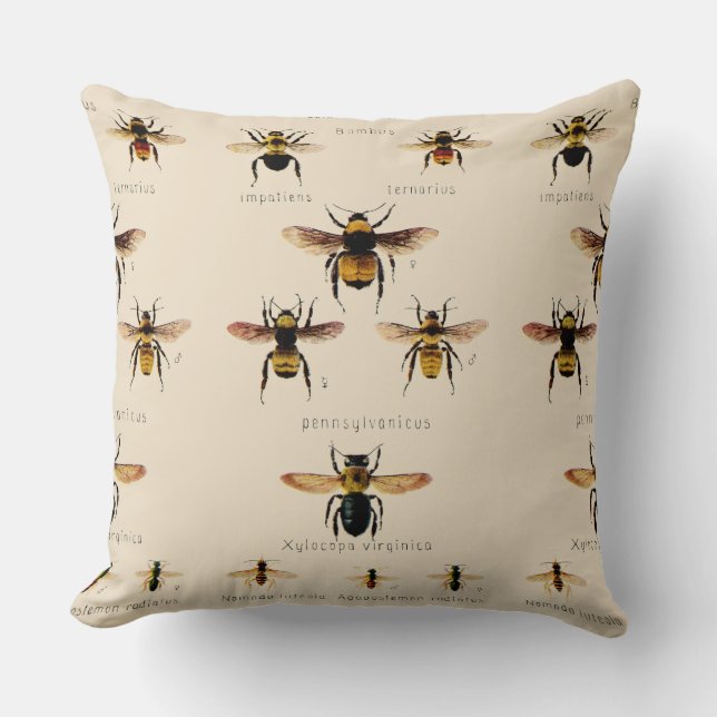 Vintage Bees Throw Pillow (Front)